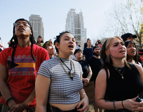 KANSAS CITY, MO- APRIL 18: Protesters chant at a rally for Black teen Ralph Yarl in front of U.S. District Court on April 18, 2023 in Kansas City, Missouri.